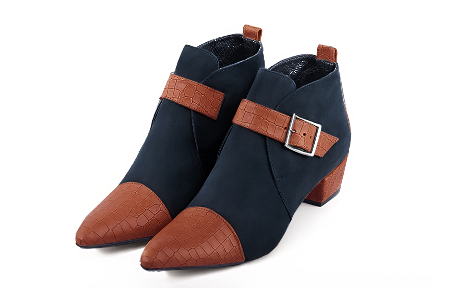 Terracotta orange and navy blue women's ankle boots with buckles at the front. Tapered toe. Low cone heels. Front view - Florence KOOIJMAN
